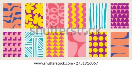 Colorful abstract geometric pattern vector set with pink yellow purple blue and peach shapes. Playful retro modern design for wallpaper, textile, packaging, poster and background.