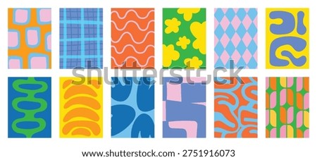 Colorful abstract geometric pattern vector set with pink yellow purple blue and peach shapes. Playful retro modern design for wallpaper, textile, packaging, poster and background.