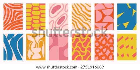 Colorful abstract geometric pattern vector set with pink yellow purple blue and peach shapes. Playful retro modern design for wallpaper, textile, packaging, poster and background.