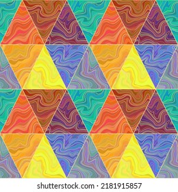 Colorful abstract geometric seamless pattern. Bright spectral colors. Triangle tiles filled with liquid fluid wavy texture, with golden edges. Orange, purple, turquoise, yellow, blue, red colors