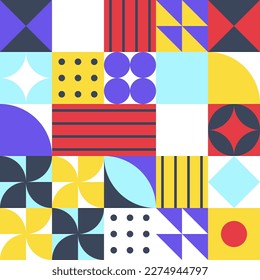 Farbiges, abstraktes, geometrisches nahtloses Muster für den Einsatz als Hintergrund, Poster, Hintergrund, Bannerabdeckung im Bauhaus- oder skandinavischen Stil