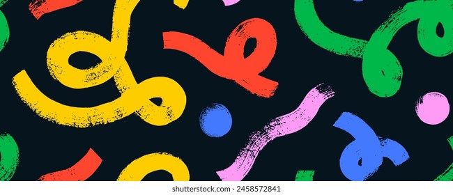 Colorful abstract geometric seamless pattern with squiggles, loops and circles drawn with paintbrush. Bold modern geometric shapes in organic retro style. Abstract modern squiggles and daubs.