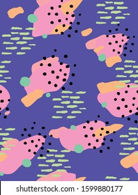 Colorful Abstract Geometric Seamless Vector Pattern. Yellow, Pink, Green Brush Spots with Black Dots Isolated on a Violet Background. Funny Irregular Spots Print for Fabric, Textile, Wrapping Paper.