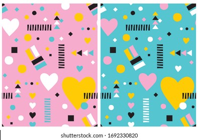 Colorful Abstract Geometric Seamless Vector Patterns.Hearts, Dots, Stripes, Triagles on a Pink and Blue Background.Black,Yellow,Blue,White and Pink Memphis Style Print.Funny Repeatable Party Layout. 
