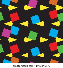 Colorful abstract geometric shapes with a black background. Seamless pattern.