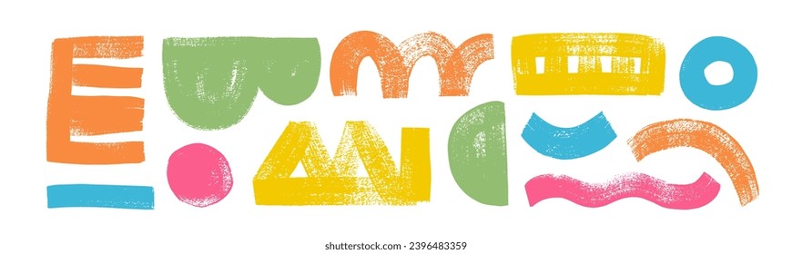 Colorful abstract geometric shapes and bold doodle lines collection. Trendy vector illustration with grunge texture. Naive playful abstract collage shapes and brush strokes. Various geometric forms.