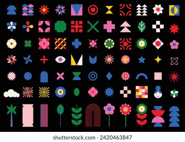 Colorful abstract geometric shapes and grids in brutalist style. Contemporary figures like stars, ovals, squares, flowers and primitive elements. Modern graphic design elements.Vector illustration