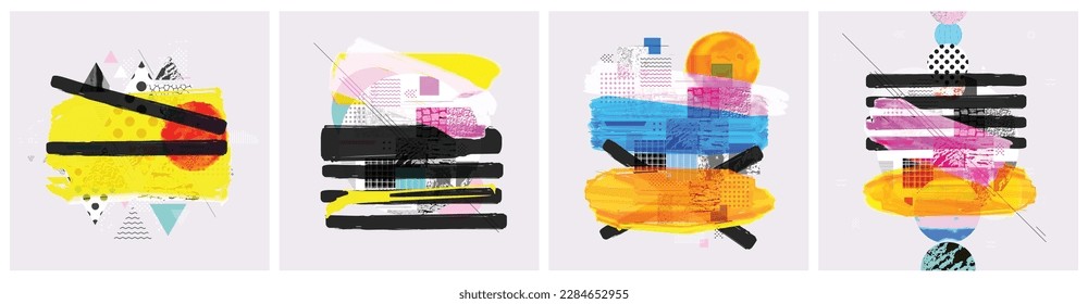 Colorful abstract geometric shapes and lines composition. Abstraction with bright cutout organic elements and irregular forms with different textures. Set of artistic collages. Vector cards
