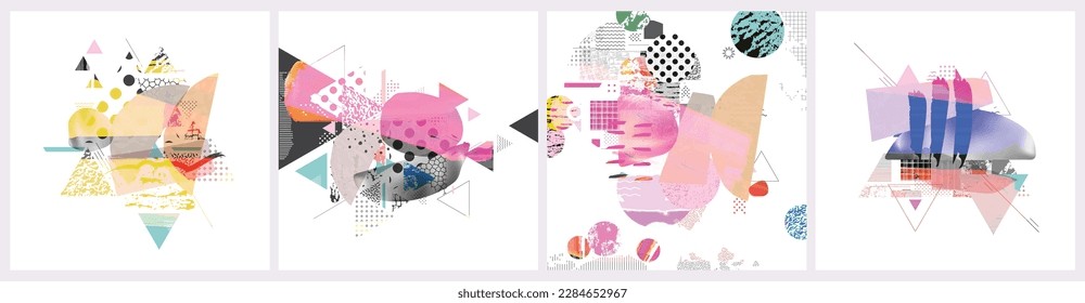Colorful abstract geometric shapes and lines composition. Abstraction with cutout organic elements and irregular forms with different textures. Set of artistic collages. Vector illustration cards