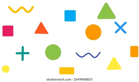 Colorful abstract geometric shapes pattern on white background. Playful and modern design for kids, education, or creative projects.