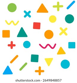 Colorful abstract geometric shapes pattern on white background. Playful and modern design for kids, education, or creative projects.