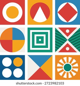Padrão de formas geométricas abstratas coloridas em um layout de grade de nove quadrados