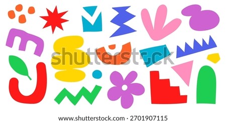 Colorful abstract geometric shapes set. Bright cutout style elements in playful composition. Modern minimalist design for backgrounds, posters, or collage art. Vector illustration
