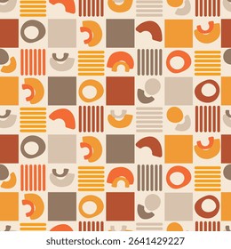 Colorful abstract geometric sramless pattern with retro shapes in warm tones. Design for textile, wallpaper, fabric, wrapping paper, digital design, and backgrounds