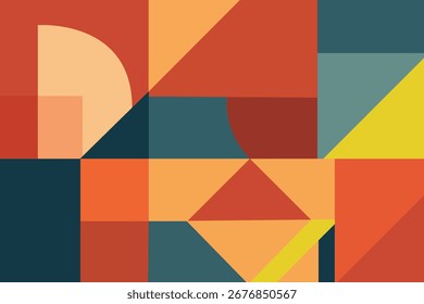 Farbiger abstrakter geometrischer Vektorhintergrund mit fetten Formen, Quadraten, Dreiecken und Kreisen im Retro-Stil. Modernes, minimalistisches Design für Poster, Web, Branding und digitale Projekte.