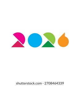 Una Ilustración vectorial geométrica colorida y abstracta que forma el número 2026, compuesta de varias Formas como círculos y triángulos en magenta vibrante, azul, verde, 