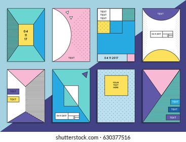 Colorful abstract geometric vector layout background set. Memphis style, 80`s, 90`s. For card, invitation, list, page, art template design, mockup brochure theme style, banner, poster, flyer, sheet