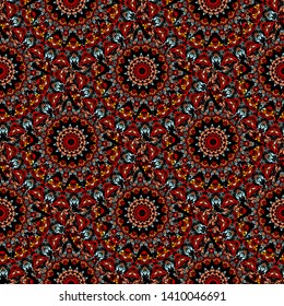 Colorful abstract  geometric vector seamless pattern. Ornamental bright tiled mandalas background. Repeat decorative beautiful backdrop. Multicolor geometrical shapes, lines, circles. Endless texture