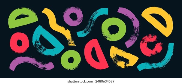 Colorful abstract geometric vector shapes drawn with a bold brush. Thick rough semicircles, circles and wavy lines. Bold graffiti style geometric shapes. Abstract doodle grunge style elements.