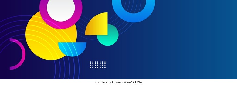 Colorful abstract geometric wide banner background design. Blue yellow red pink green abstract vector business long banner template. Business minimal background with halftone circle frame