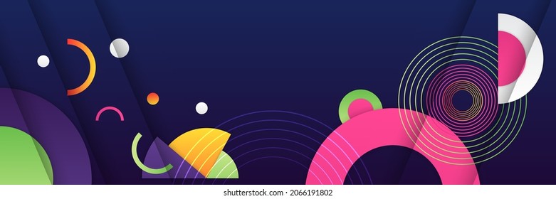 Colorful abstract geometric wide banner background design. Blue yellow red pink green abstract vector business long banner template. Business minimal background with halftone circle frame