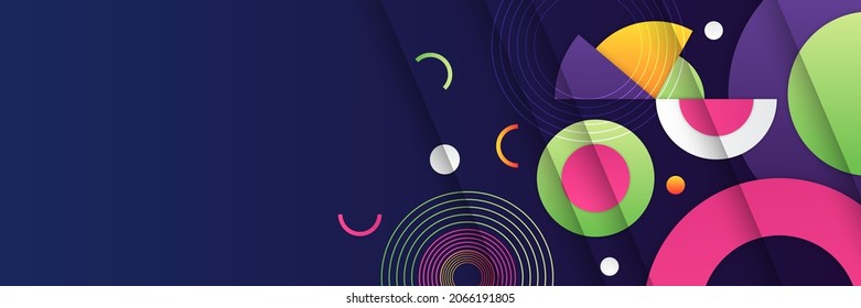 Colorful abstract geometric wide banner background design. Blue yellow red pink green abstract vector business long banner template. Business minimal background with halftone circle frame