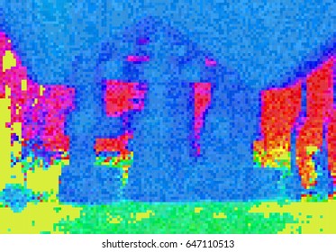 Colorful abstract glitch art design. A building with a thermo imaging style applied. Vector pixel background.
