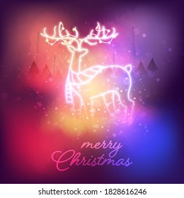 Colorful Abstract Gradient Bokeh Background with Led Reindeer for Merry Christmas Celebration.