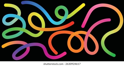 Colorful Abstract Gradient Curved Line Composition. Wavy Gradient Ribbon Lines Rainbow Abstract Art. Curvy Rainbow Line Pattern Gradient Abstract Flow Shapes.