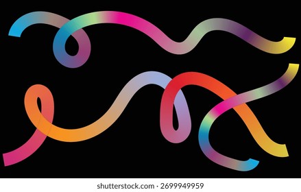 Colorful Abstract Gradient Curved Lines on Black Background – Vibrant Flowing Ribbon Shapes, Modern Fluid Wave Design, and Dynamic Motion Art for Creative Digital Backgrounds and Graphic Resources.