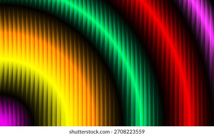 Linhas de gradiente abstratas coloridas formando padrões curvos em um plano de fundo escuro
