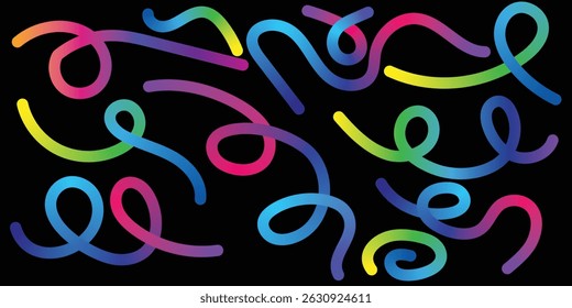 Colorful Abstract Gradient Wavy Line. Colorful Abstract Gradient curvy shapes. Gradient Rainbow Color Abstract doodle line shapes. Pattern design with gradient curvy lines