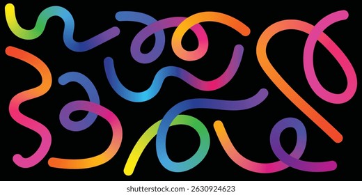 Colorful Abstract Gradient Wavy Line. Colorful Abstract Gradient curvy shapes. Gradient Rainbow Color Abstract doodle line shapes. Pattern design with gradient curvy lines