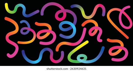 Colorful Abstract Gradient Wavy Line. Colorful Abstract Gradient curvy shapes. Gradient Rainbow Color Abstract doodle line shapes. Pattern design with gradient curvy lines