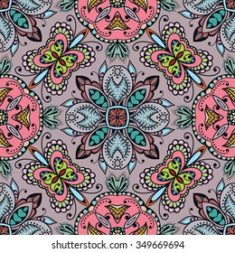 Colorful abstract graphic background, floral geometric seamless pattern, tribal ethnic arabic indian ornament. Hand drawn fabric repeating texture. 