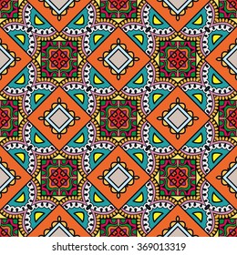 Colorful abstract graphic background, seamless geometric floral pattern, fabric repeating texture. Tribal ethnic ornament, doodle vector illustration. 