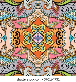 Colorful abstract graphic background, seamless geometric floral pattern, fabric repeating texture. Tribal ethnic ornament, doodle vector illustration. 