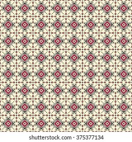 Colorful abstract graphic background, seamless geometric pattern, fabric repeating texture. Tribal ethnic ornament, doodle vector illustration. 