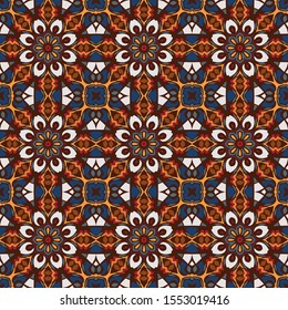 Colorful abstract graphic background. Tribal ethnic ornament, vector seamless mandala  pattern in orange. gold and blue. 