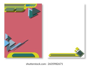 Colorful abstract graphic design features geometric shapes and triangles on a pink and white background, creating a modern and clean aesthetic, ideal for templates and layouts.