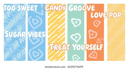 Colorful abstract graphic design with playful text and various decorative patterns creating a cheerful visual arrangement.
