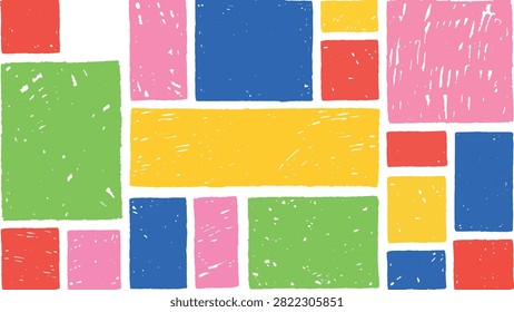 Colorful abstract grid of rectangles and squares with distressed texture on black background symbolizing balance contrast and modern geometric design mood