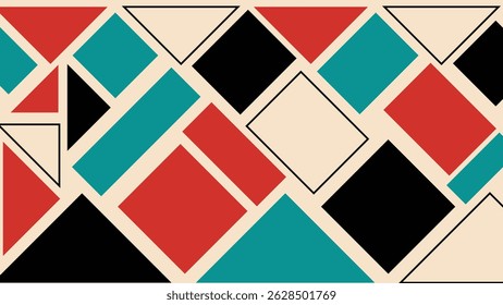 Colorful abstract grid with triangles and squares in red, black, and teal. Eye-pleasing geometric design on a beige base with modern aesthetics.