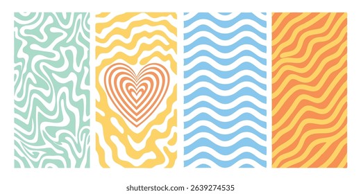 Colorful abstract groovy pattern collection with wavy lines and a heart shape for various artistic design purposes.