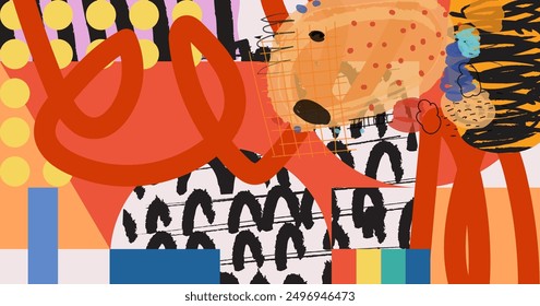 Colorful abstract grunge, rough hand drawn  geometric and shapes line art vector illustration background. Brushes, stroke pattern art work desif for mural, textile, fabric design.