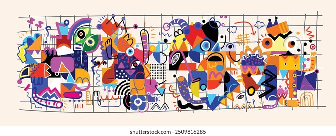 Colorful abstract grunge, rough hand drawn  geometric and shapes line art vector illustration background. Brushes, stroke pattern art for mural, textile, web, wall art design.