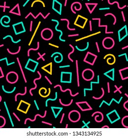 Colorful abstract grunge shapes on black memphis seamless pattern, vector