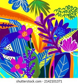 Colorful abstract hand drawing floral. flower, leaves vector illustration. Graphic design for background,cards, prints,banner,poster,cover, fabric,textile.