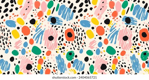 Colorful abstract hand drawn doodle seamless pattern. Creative children drawing background illustration. Contemporary art paint texture print. Simple primary color shape cartoon wallpaper design.