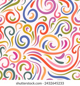 Colorful abstract hand drawn doodle thin line wavy seamless pattern with curly lines, swirls, twists. Curly linear sky or sea messy background.